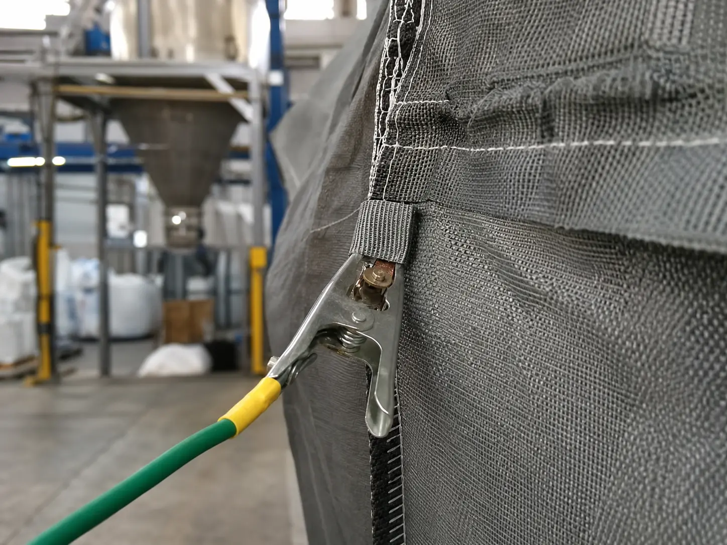 Grounding clamp on an FIBC bulk bag used for plastic resin and pellet handling with pneumatic conveying