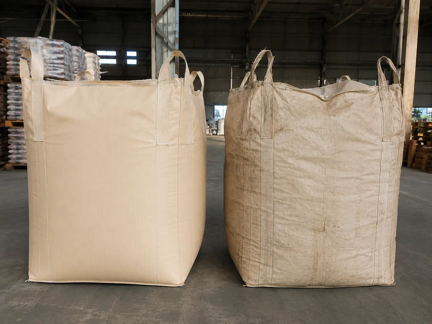 Comparison of a new FIBC bulk bag and a used bulk bag showing visible wear and unknown load history