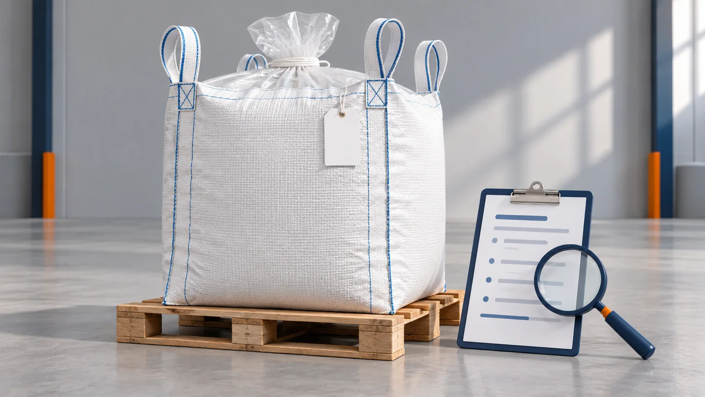 Illustration of a lined bulk bag on a pallet beside a clipboard and magnifying glass for document checks
