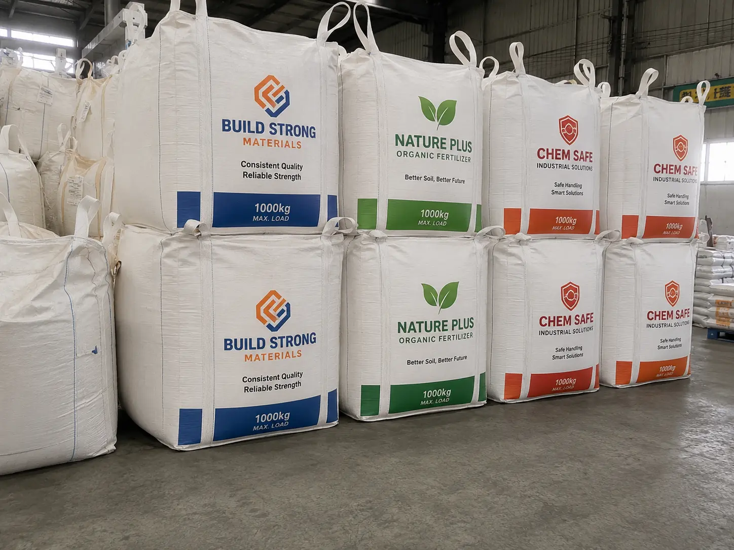 Stack of custom printed FIBC bulk bags showing branded logo and text on woven polypropylene fabric